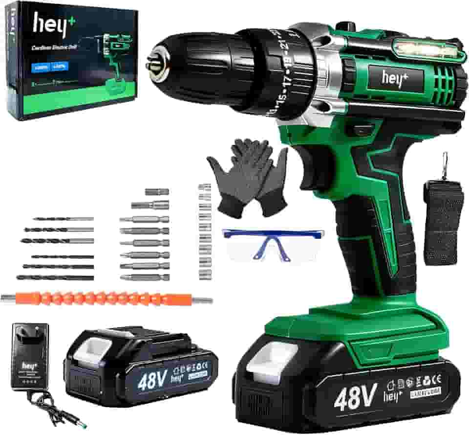 Furadeira de impacto e parafusadeira 3 em 1 de 48V, kit completo com controle de precisão 25+3, interruptor de velocidade variável para furar e parafusar em madeira e metal