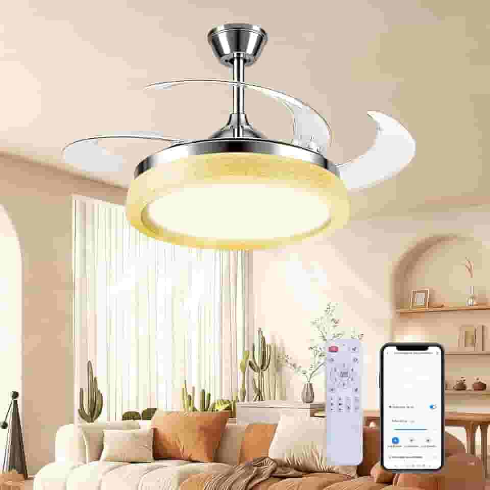 Hivento Ventilador de Teto Retrátil 106 cm com Luz LED, Controle Remoto e App, 6 Velocidades, Regulável, Reversível e com Timer, Design Luxuoso, Ventilador para Sala de Estar e Quarto, 110/220v