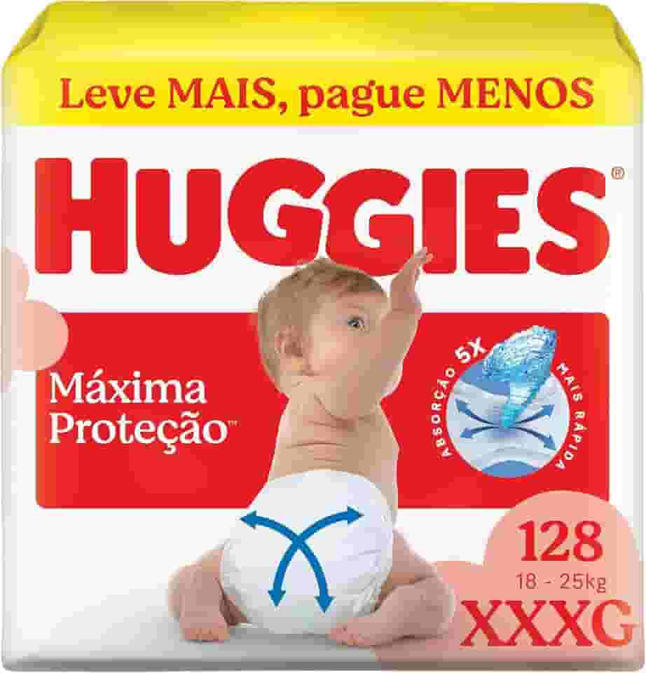 Fralda Descartável Huggies Máxima Proteção Tamanho XXXG 128 unidades – Fralda com tecnologia Xtra-Flex, canais em X que se adaptam aos movimentos e máxima proteção