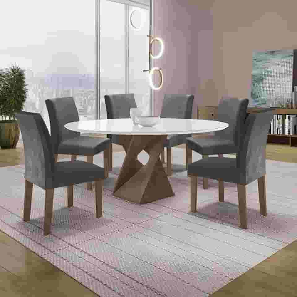Conjunto Mesa Barcelona 120cmx120cm 6 Cadeiras Espanha Tampo Plus Redondo Vidro Yescasa Chocolate/Off White/Cinza