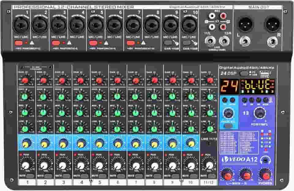 mesa de som, vedo A12 12 canais digital/número profissional portátil com reverb bluetooth usb interface audio/áudio mixer