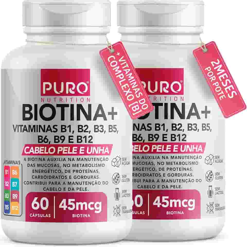 Kit 2 Biotina + Puro Nutrition Pele, Cabelo e Unhas, 45 mcg de Biotina por dose, Vitaminas B1, B2, B3, B5, B6, B9 e B12, 60 Cápsulas por Pote
