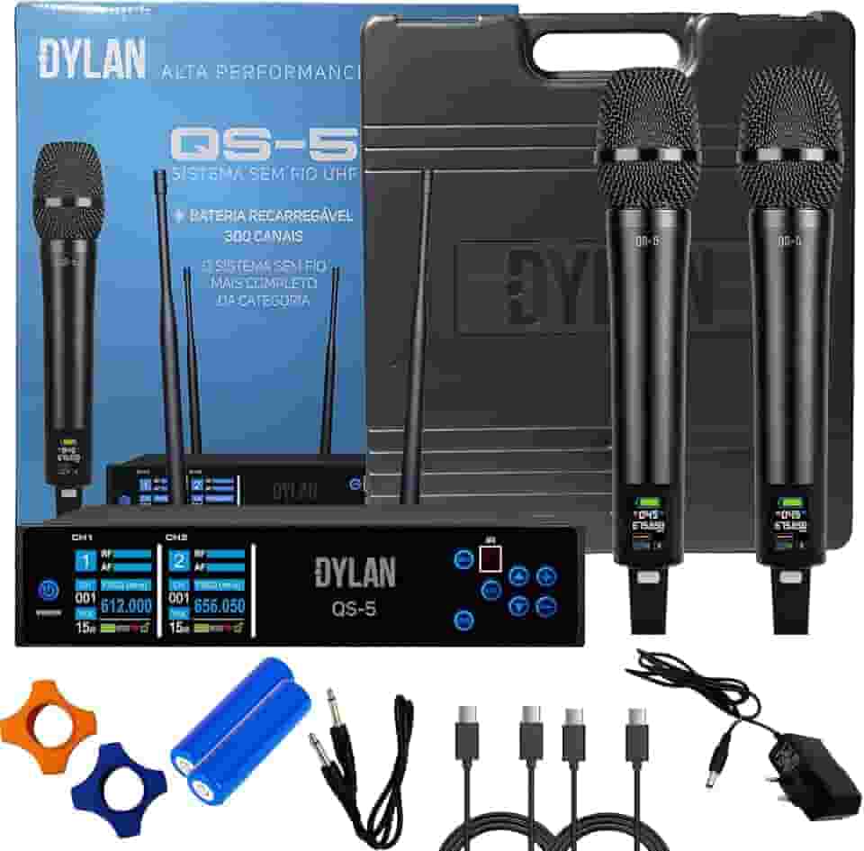 Sistema De Microfone Sem Fio Dylan QS-5 UHF Com 200 Canais Com 2 Bastões
