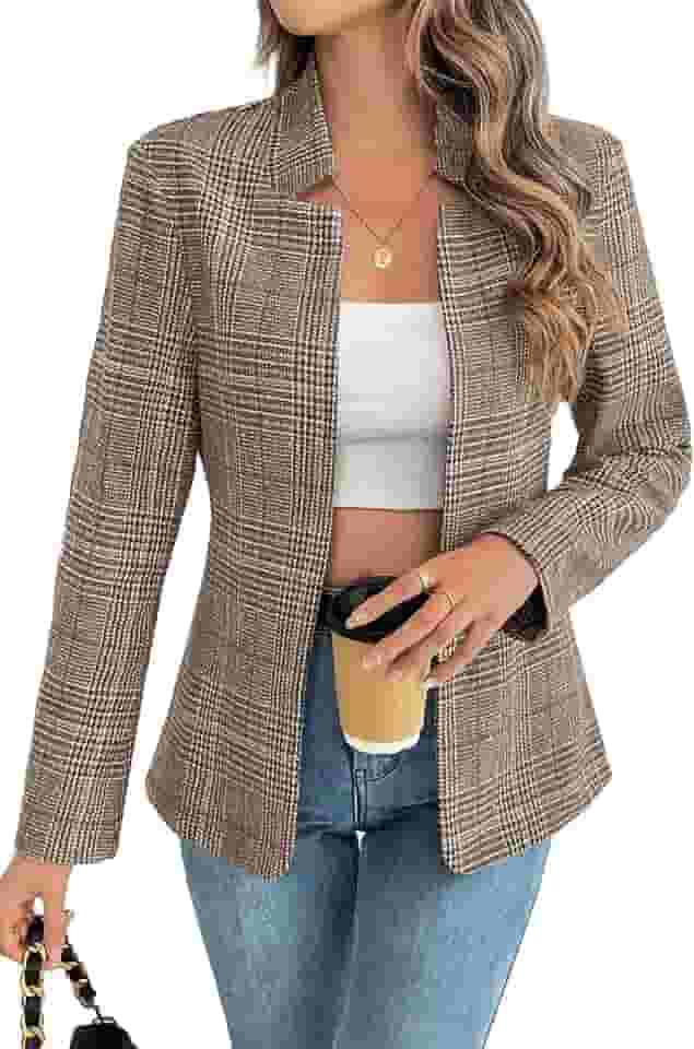 Blazer feminino xadrez aberto na frente com gola alta para trabalho casual