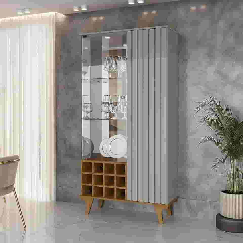 Cristaleira Elba Ripado Real Portas de Vidro Pés de Madeira Maciça 12 Nichos Garrafeiros Off-White/Naturalle