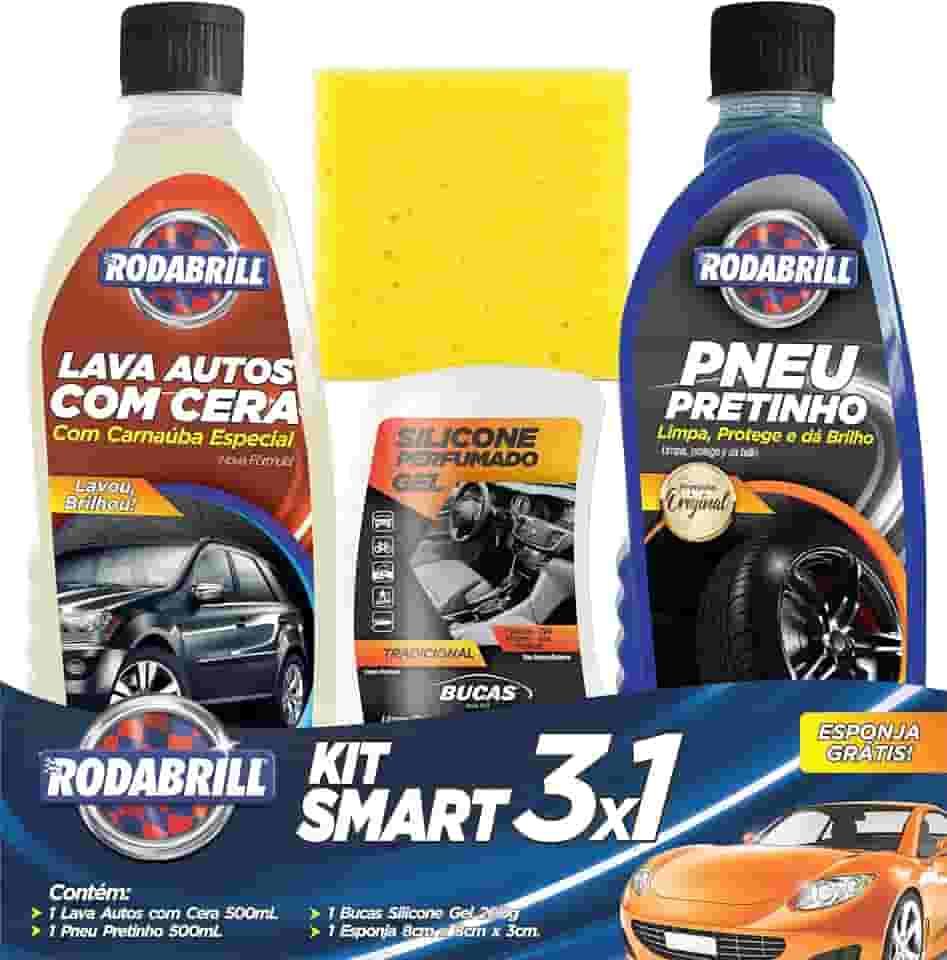 Kit Smart Rodabrill - Lava autos com cera, Pneu pretinho, Silicone gel tradicional