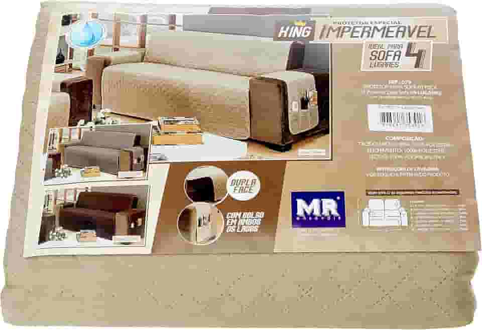 Protetor De Sofá Impermeável 4 Lugares King Liso Dupla Face Tecido Microfibra Kaqui/Marrom