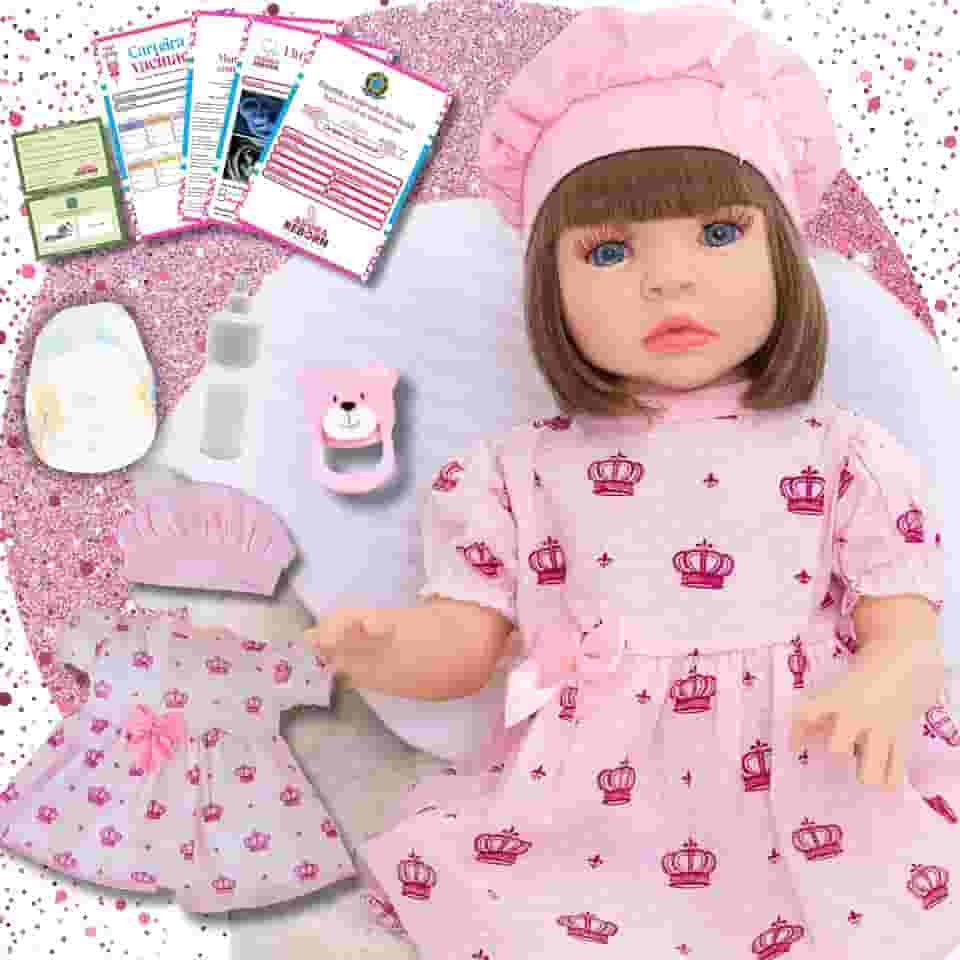 Boneca Bebê Reborn Menina Realista em Silicone com Roupinha e Acessórios Inclusos 45 cm (Vestido Rosa)