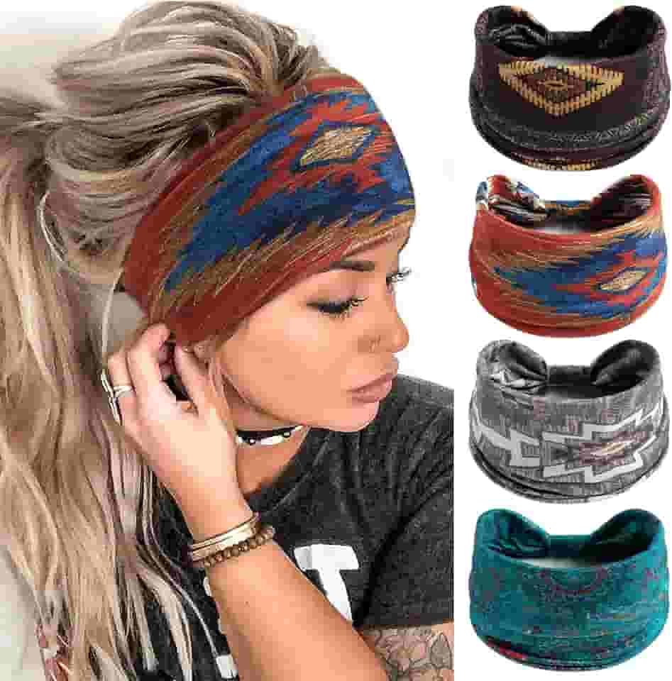 FULZTEY Faixas de cabelo Boho para mulheres, antiderrapantes, modernas, largas, faixas de cabelo elásticas, turbante, nó de cabeça, ioga, corrida, faixa de suor, vintage, acessórios de cabelo