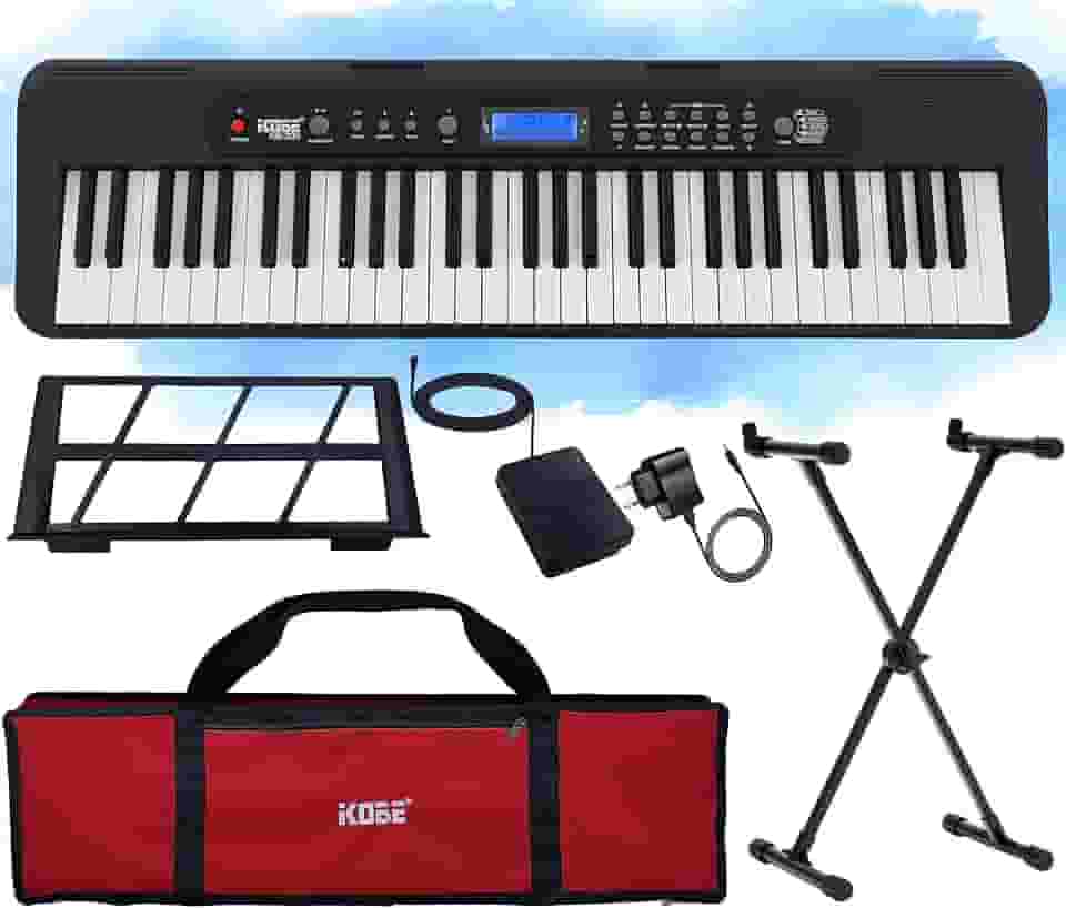 Kit Teclado Musical Digital Kobe KB-300 5/8 61 Teclas Sensíveis ao Toque com Pedal Sustain Capa e Estante