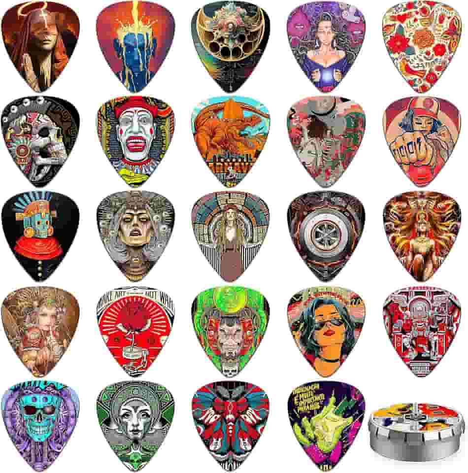 Palhetas de guitarra, pacote com 24 palhetas de guitarra finas, médias, pesadas e extra pesadas com caixa de lata, palhetas personalizadas para acústico, baixo, guitarra elétrica, inclui 0,46 mm, 0,71