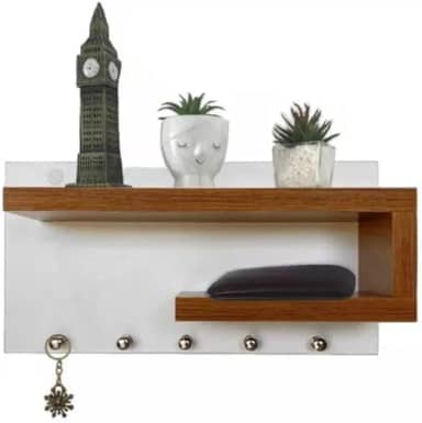 Porta Chaves de MDF com Prateleiras e Ganchos (Branco/Freijó)