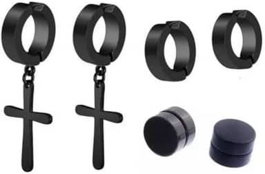 Brinco Masculino Argola Cruz Pressão Kit Com 3 Pares Bts