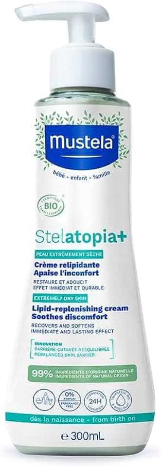 Mustela Stelatopia+ Hidratante Relipidante Antiprurido 300 ml - Hidratação Imediata e Profunda para Peles Secas e Extremamente Secas Seguro Para Bebês, Crianças e Adultos - Sem Fragrância - Stelatopia
