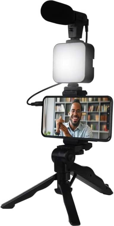 Kit Gravação Completo c/Tripé, Luz LED, Suporte Celular – Ideal para Vlogs, Vídeos e Lives Profissionais