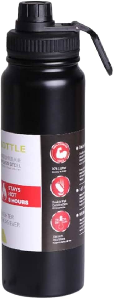 Garrafa de Água Térmica Inox 800ml Esportiva com Alça Parede Dupla Isolada a Vácuo Antivazamento Garrafinha Academia Fitness Corrida Esportes Escritório Aço Inox (Preto)