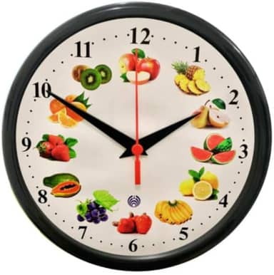 Relógio de Parede Redondo Decorativo, Frutas, Branco com Moldura Preta, 25cm, para Cozinha e Área Gourmet