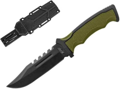 Faca de Sobrevivência com Bainha Rígida e Passador para Corda, Lâmina Preta Afiada