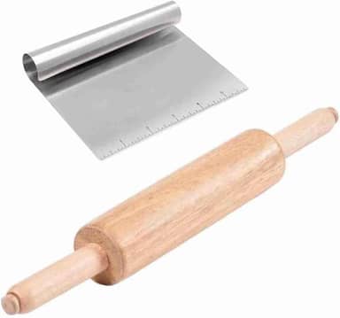 KIT Rolo de abrir Massa Com Cabo Giratario de Madeira Para Pizza Pastel e Espatula Pratica Para Confeitar Raspar Cortar Organizar Dividir Massas Com Regua Medidora de 15 CM