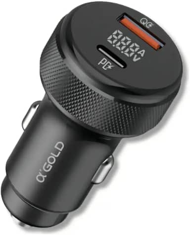 Carregador Veicular Turbo A’GOLD 60W 9.1A – Carregamento Rápido PD QC 3.0 com Display LED, USB + Tipo-C, Carregador Celular