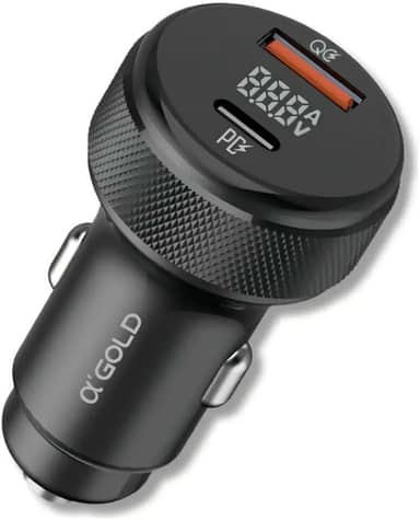 Carregador Veicular Turbo A’GOLD 60W 9.1A – Carregamento Rápido PD QC 3.0 com Display LED, USB + Tipo-C, Carregador Celular