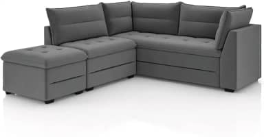 Sofá de Canto com Puff Monte do Seu Jeito Benfica Veludo Cinza Luizzi