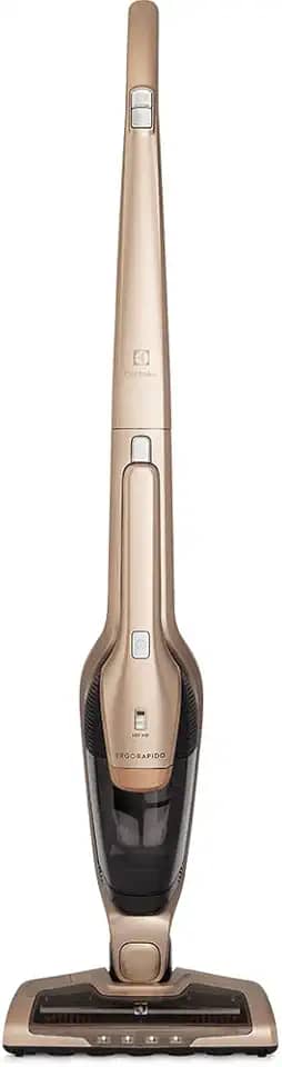 Aspirador de Pó vertical bateria ergorapido 2 em 1 Electrolux 45 min Luz LED pedal limpeza facil escova rotativa bocal extra pelos animais luz frontal LED capacidade 460Ml ERG26 Bivolt Dourado