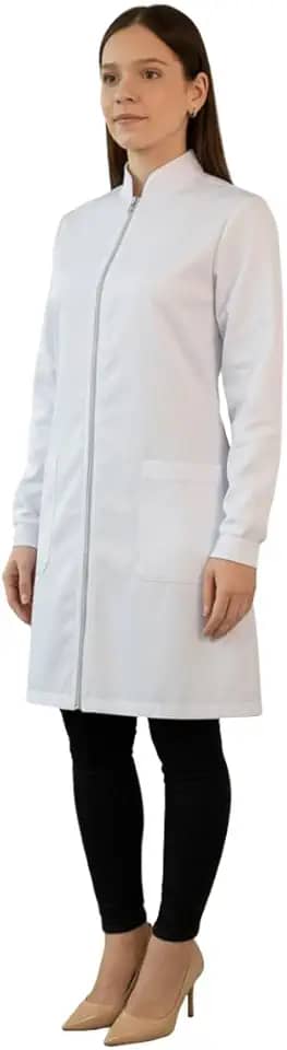 Jaleco Médico Feminino Branco, Manga Longa, Gola Alta com Zíper ou Botão, Profissional de Saúde