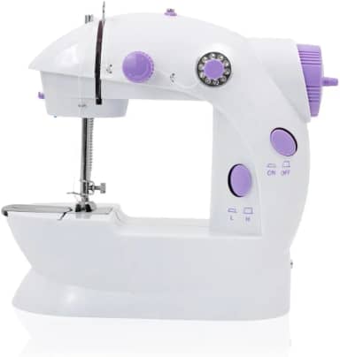 Mini Máquina de Costura Portátil, Bivolt 110V/220V, Branca e Lilás, Compacta, com Pedal e Fonte de Energia, 19x19x9.5cm, para Uso Doméstico