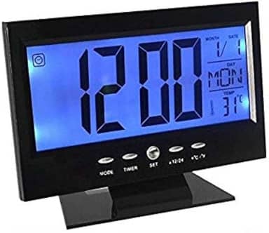 Relógio de mesa digital lcd led acionamento sonoro despertador termometro PRETO CBRN01422 - Commerce Brasil