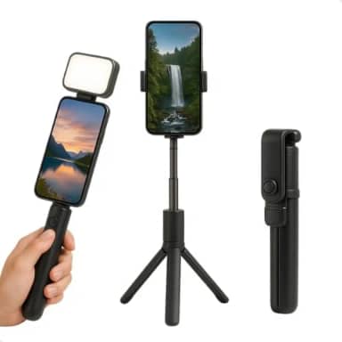 Tripé de Mesa com LED Embutido, Controle Remoto Bluetooth e Altura Ajustável até 72cm – Suporte Portátil para Celular (ds13467)