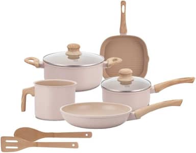 Jogo de Panelas Indução Antiaderente 7 Peças, Revestimento Cerâmico, Alumínio e Fundo Triplo (Vanilla)