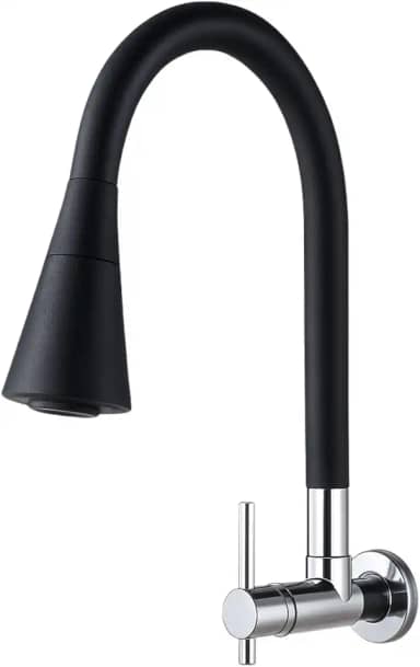Torneira Cozinha Parede Gourmet Flexível Preto Base Metálica Inox 2 Jatos Contínuo e Arejador Preto 1/4 de volta Luxo Premium Resistente