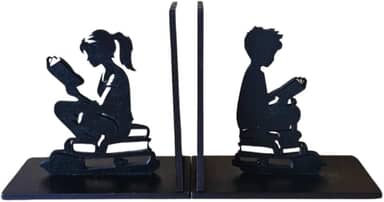 Suporte Aparador de lIvros Decorativo Menina e Menina Organizador Bibliocanto Madeira Preta Geek Porta Livros