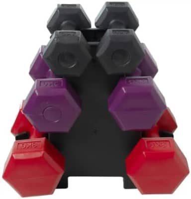 Kit de Halteres com Suporte – 3 Pesos, Cores Roxo e Vermelho Ideal para Exercícios em Casa
