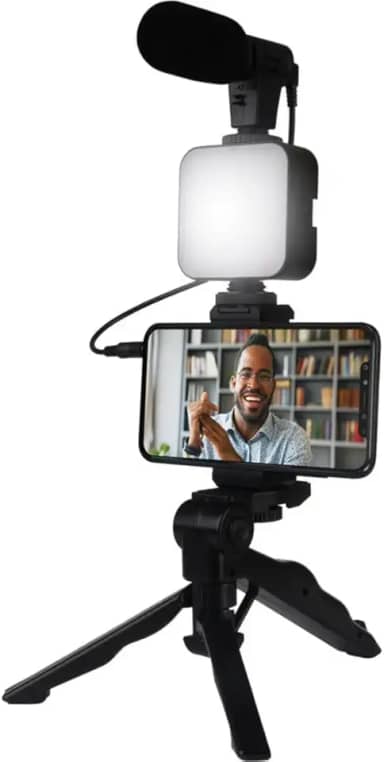 Kit de Gravação Completo com Tripé, Luz LED e Suporte para Celular – Ideal para Vlogs, Lives e Vídeos Profissionais Tripé com Luz LED e Microfone para Celular – Kit Vlogging Profissional Premium