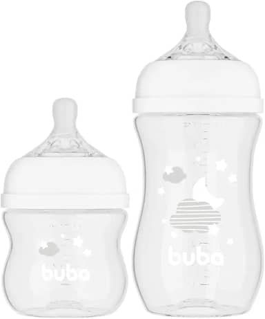Buba Toys Kit Mamadeiras Easy Flow, Branca, Plástico Livre de BPA, 120ml e 270ml, Anti-cólica, Fluxo Suave, 2 Peças, 0-24 Meses