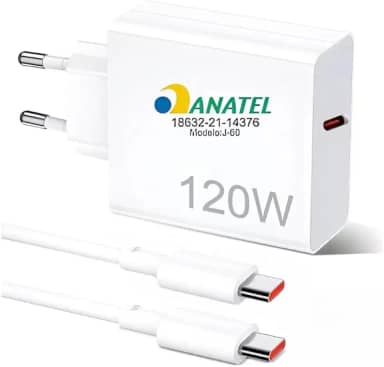 Kit Carregador Tipo C Turbo 120W com Cabo USB-C de 1 Metro e Fonte Compatível com Xiaomi 14 Pro 13 Ultra 11 12t Pro F4 Gt 5.0 Carregamento Ultra Rápido de Celular Branco Anatel – VOLT3M