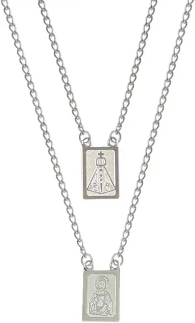 Escapulário Para Presente Jesus e Aparecida Masculino e Feminino Aço Inox Prateado