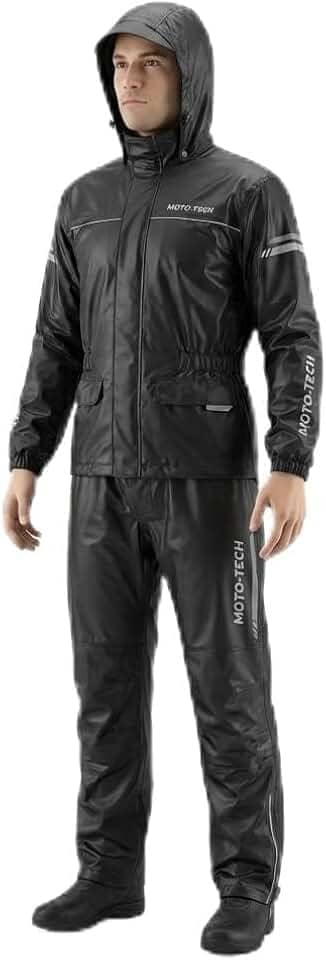 Capa de chuva motoqueiro com capuz: conjunto jaqueta+calça. Impermeável, leve confortável