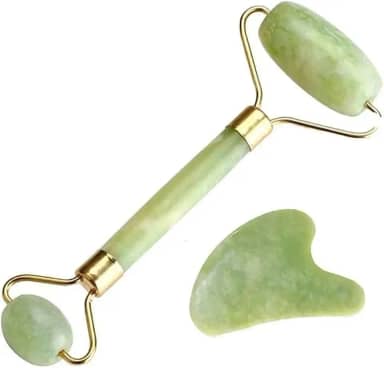 Massageador Facial 2 Em 1 Rolo de Jade + Pedra Gua Sha Redução de Rugas e Estresse Anti Rugas Anti Estresse Para um Skincare Completo Linha Premium
