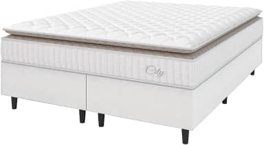 Cama Box Colchão Casal King Molas Ensacadas City Pillow Top 193x203x61cm Linho Branco/Bege Hellen - Suporta até 110kg por Pessoa
