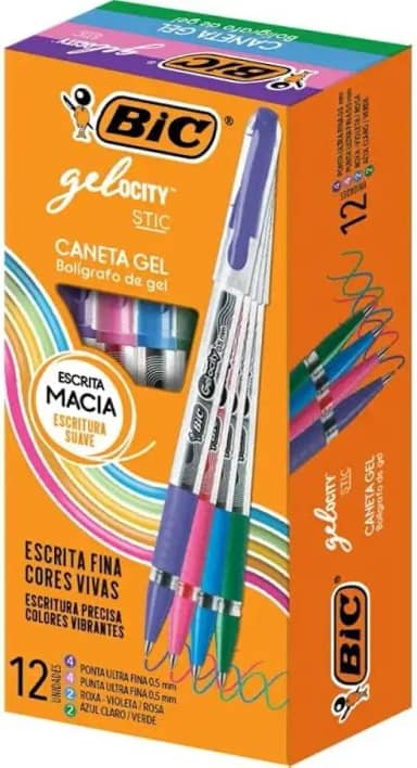 530057 - BIC, Caneta em Gel, Gelocity, Escrita Fina, Rosa, Roxo, Azul Claro e Verde, 12 Unidades