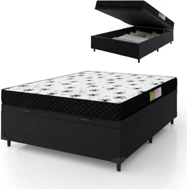 Cama Box Com Baú Casal Colchão Espuma 138x188x53cm Polar Branco/Preto
