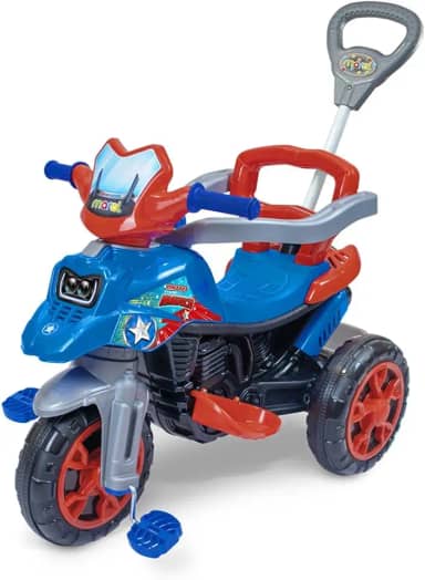 Triciclo Moto Trail Infantil América 2 em 1 com Pedal e Empurrador Vermelho/Azul - Maral