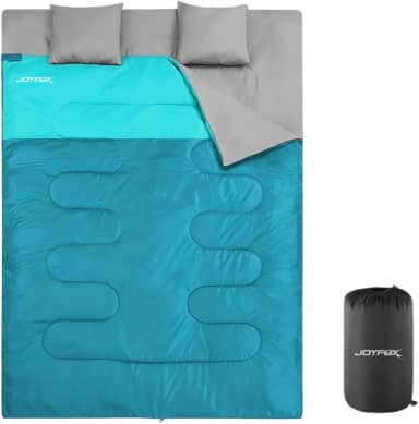 JOYFOX Saco de Dormir de Casal Joyfox 220×150 cm – Impermeável, Duplo com Travesseiros Integrados, Zíper Dupla Face, Ideal para Camping, Viagens e Trilhas