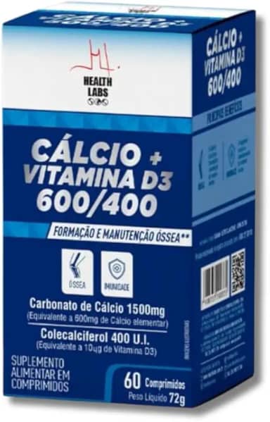 Suplemento Cálcio + Vitamina D3 600/400-60 Comprimidos, Saúde Óssea e Imunidade - Health Labs
