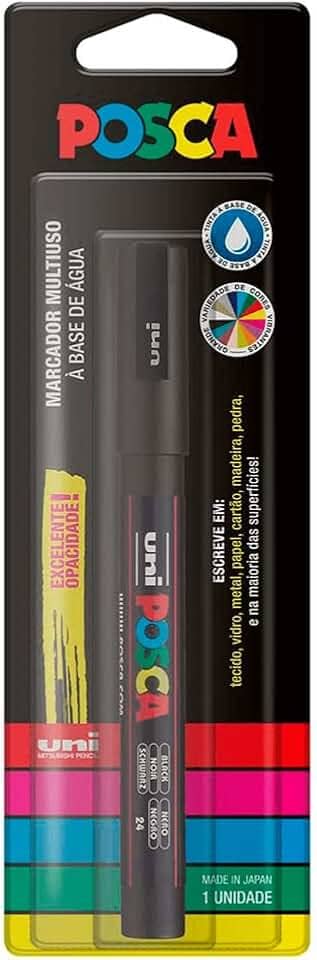 POSCA, UNI, Caneta Marcador PC-5M, Ponta Média, traço de 2,5mm a 6,8mm, Preta, Blister com 1 Unidade