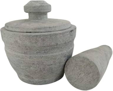 Pilão Em Pedra Sabão Para Alho Temperos Resistente Com Tampa