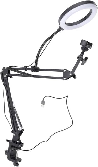 6,3 Ring Light com suporte para telefone suspenso, braço articulado flexível LED Selfie Light com suporte e suporte para telefone, LED Desk Ring Light com braçadeira para gravação